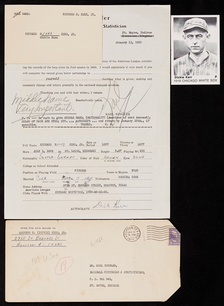 Dickey Kerr Signed Karl Wingler Information Sheet (1950)