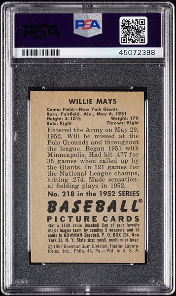 1952 Bowman Willie Mays No. 218 PSA 6