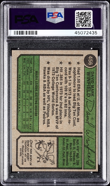 1974 Topps Dave Winfield RC No. 456 PSA 9