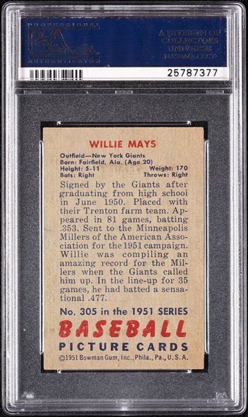 1951 Bowman Willie Mays RC No. 305 PSA 5