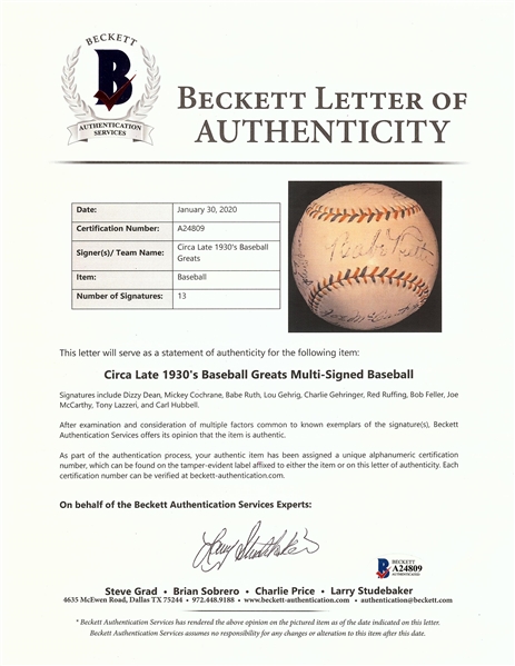 Babe Ruth, Lou Gehrig, Lazzeri, Dizzy Dean & Others Signed Baseball (13) (BAS)