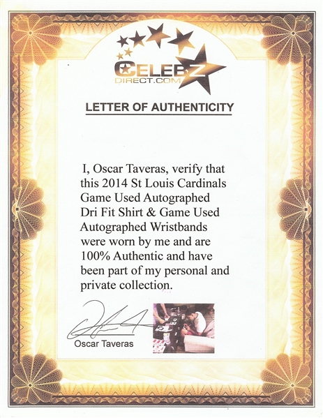 Oscar Taveras 2014 Cardinals Game-Used Signed Dri-Fit Shirt & Wristbands