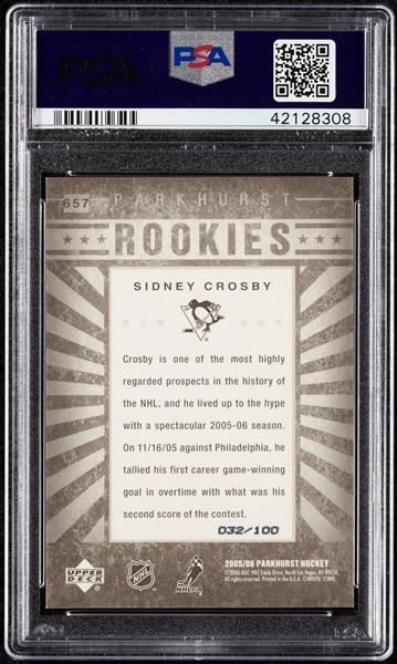 2005 Parkhurst Sidney Crosby RC Facsimile Signature No. 657 (32/100) PSA 9