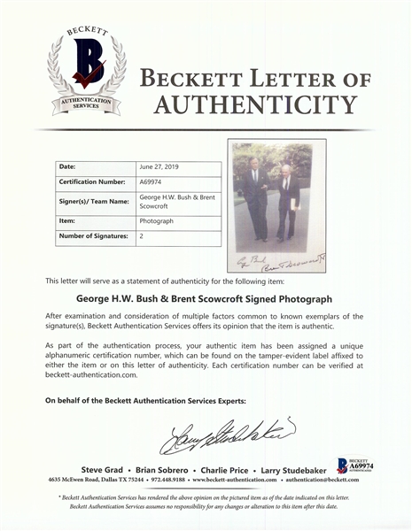 George HW Bush & Brent Scowcroft Signed 8x10 Framed Photo (BAS)