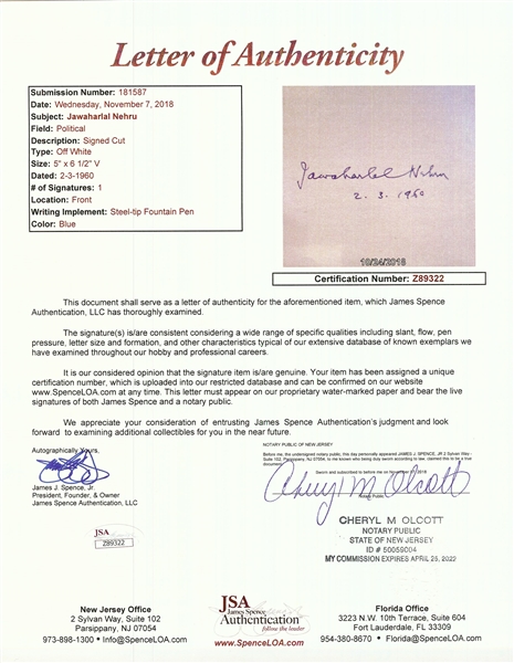 Jawaharlal Nehru Signed 3x5 Index Card (JSA)