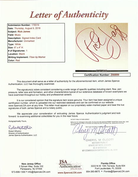 Rick James Signed 4x6 Index Card (JSA)