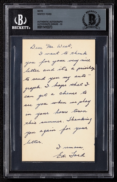 Whitey Ford Signed Handwritten Note on Index Card Inscribed Ed Ford (Graded BAS 10)