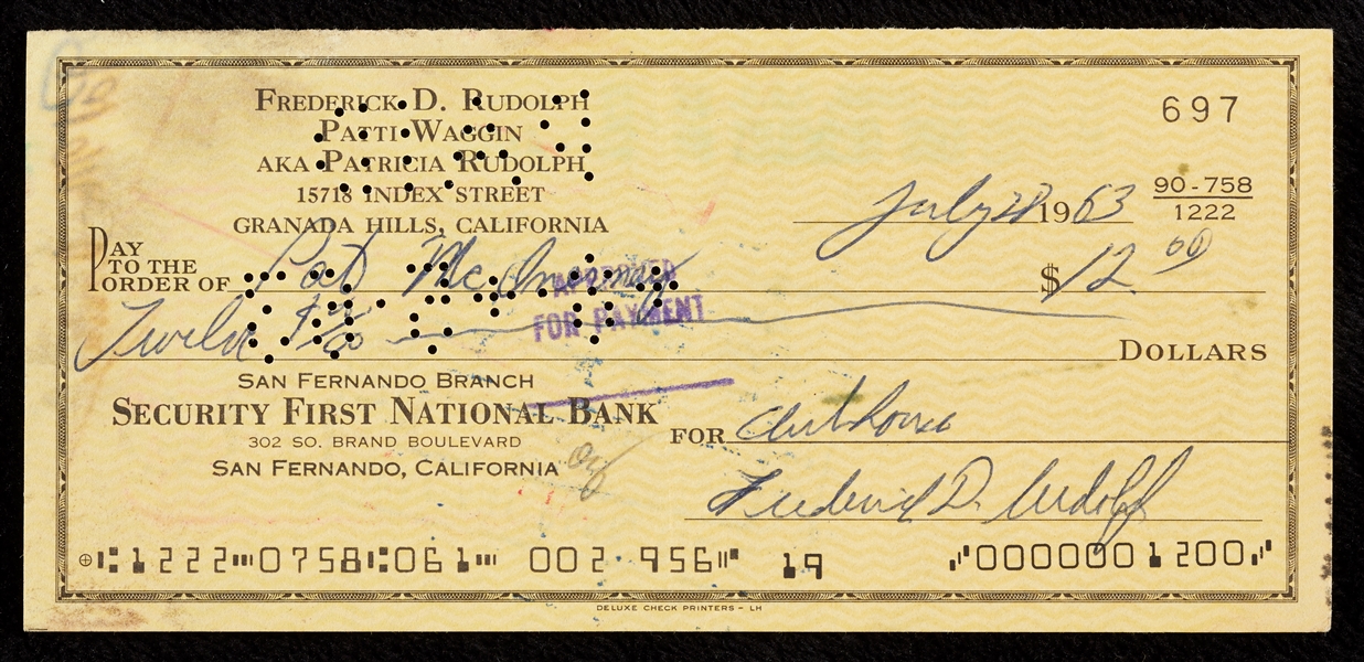 Don Rudolph Signed Personal Check (1963)