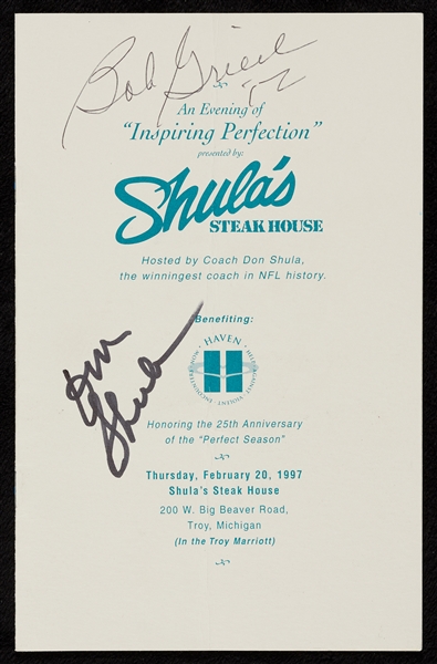 Don Shula & Bob Griese Signed Shula's Steakhouse Menu (2) (BAS)