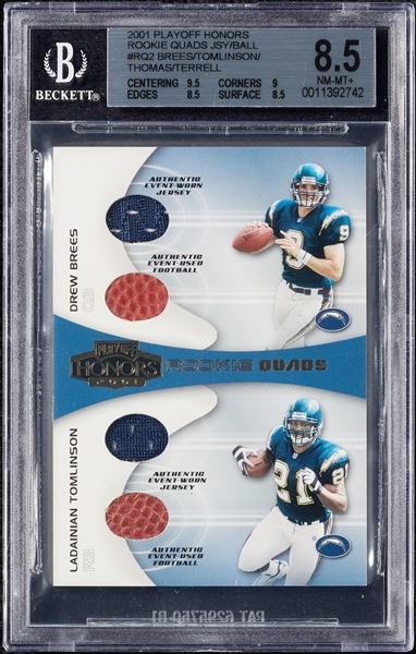 2001 Playoff Honors Brees/Tomlinson/Thomas/Terrell Rookie Quads Jersey/Ball (21/25) BGS 8.5