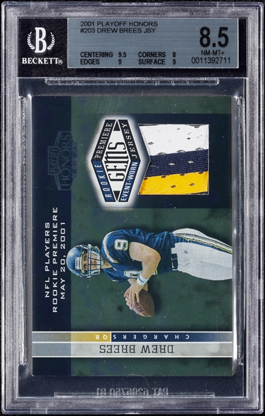 2001 Playoff Honors Drew Brees Rookie Premiere Jersey #203 (69/725) BGS 8.5