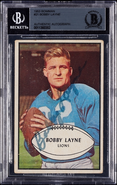 Bobby Layne Signed 1953 Bowman No. 21 (BAS)