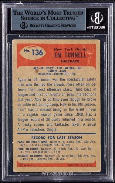 Emlen Tunnell Signed 1955 Bowman No. 136 (BAS)