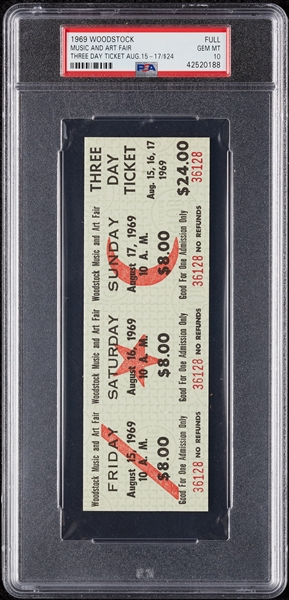 1969 Woodstock Three Day Full Ticket (Aug. 15-17, 1969) Graded PSA 10