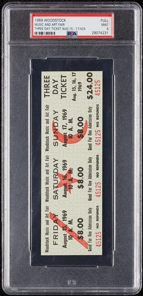 1970 Woodstock Three Day Full Ticket (Aug. 15-17, 1969) Graded PSA 9