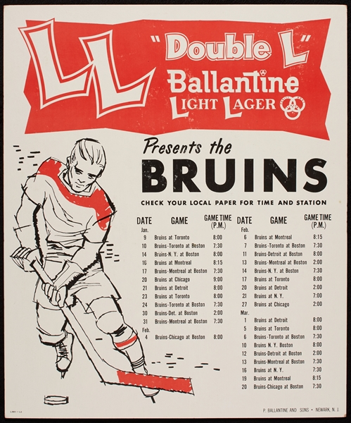 1960s Boston Bruins Ballantine Light Lager Ad Display