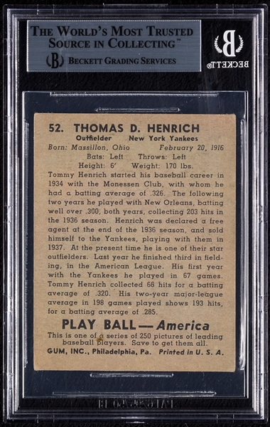 Tommy Henrich Signed 1939 Play Ball No. 52 (BAS)