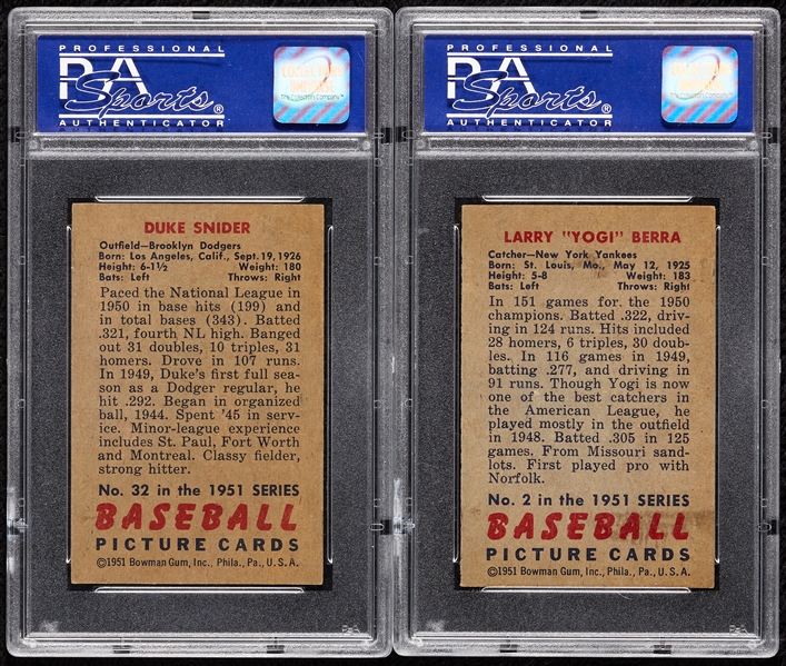 1951 Bowman PSA-Graded Yogi Berra PSA 6 & Duke Snider PSA 5 Pair (2)