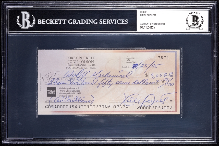Kirby Puckett Signed Personal Check (2005) (BAS)