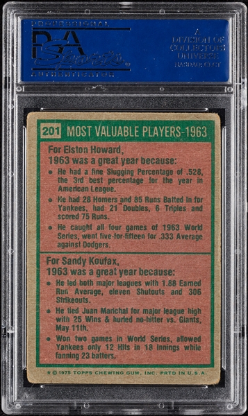 Sandy Koufax Signed 1975 Topps 1963 MVPs No. 201 (PSA/DNA)