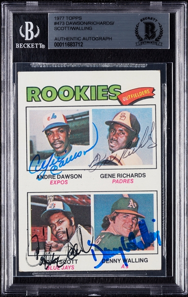 Andre Dawson Signed 1977 Topps RC No. 616 (Complete Signed - Richards, Scott, Walling) (BAS)
