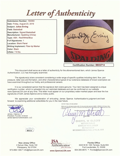 Julius Erving Signed Spalding ABA Basketball (JSA)