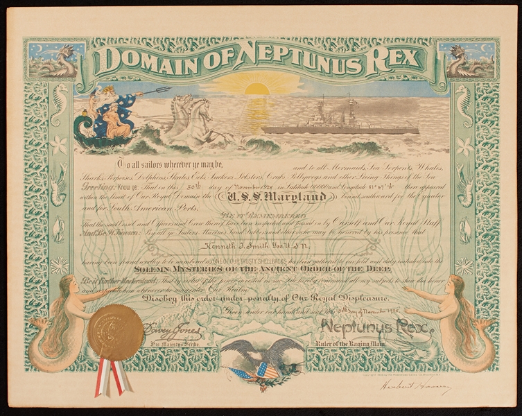 Herbert Hoover Signed 17x21 Domain Of Neptunus Rex U.S.S. Maryland Document (1928) (BAS)