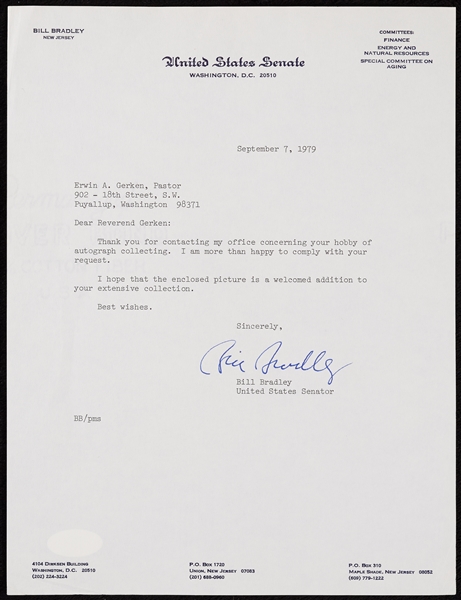 Bill Bradley Signed US Senate Letter (1979) (JSA)