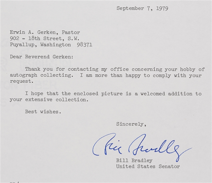 Bill Bradley Signed US Senate Letter (1979) (JSA)