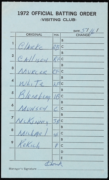 1972 New York Yankees Line-Up Card with Thurman Munson