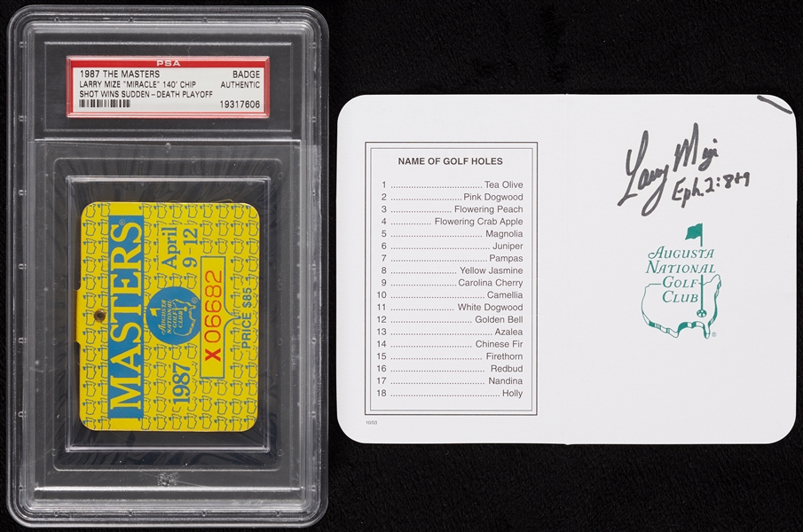 Larry Mize 1987 The Masters Badge & Signed Scorecard (2) (JSA) (PSA)