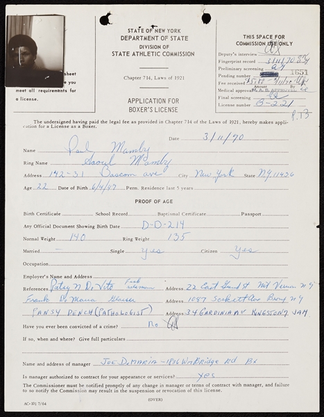 Saoul Mamby Signed New York State Boxing License (1970)