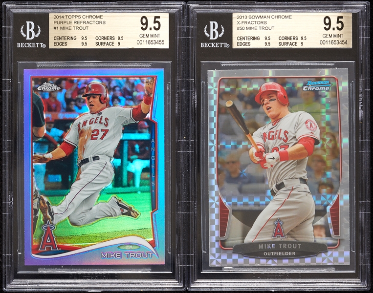 Mike Trout BGS 9.5 Pair with 2013 Bowman Chrome X-fractor & 2014 Topps Chrome Purple Refractors (2)
