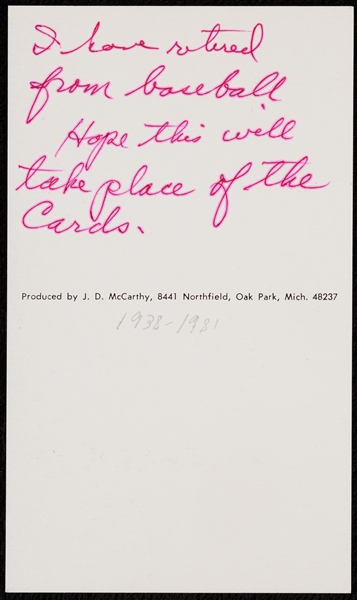 Roy Oyler Signed J.D. McCarthy Postcard