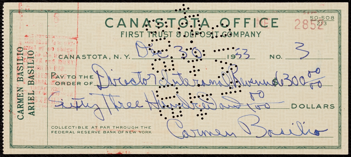 Carmen Basilio Signed Bank Check for Post Fight Taxes (1953)