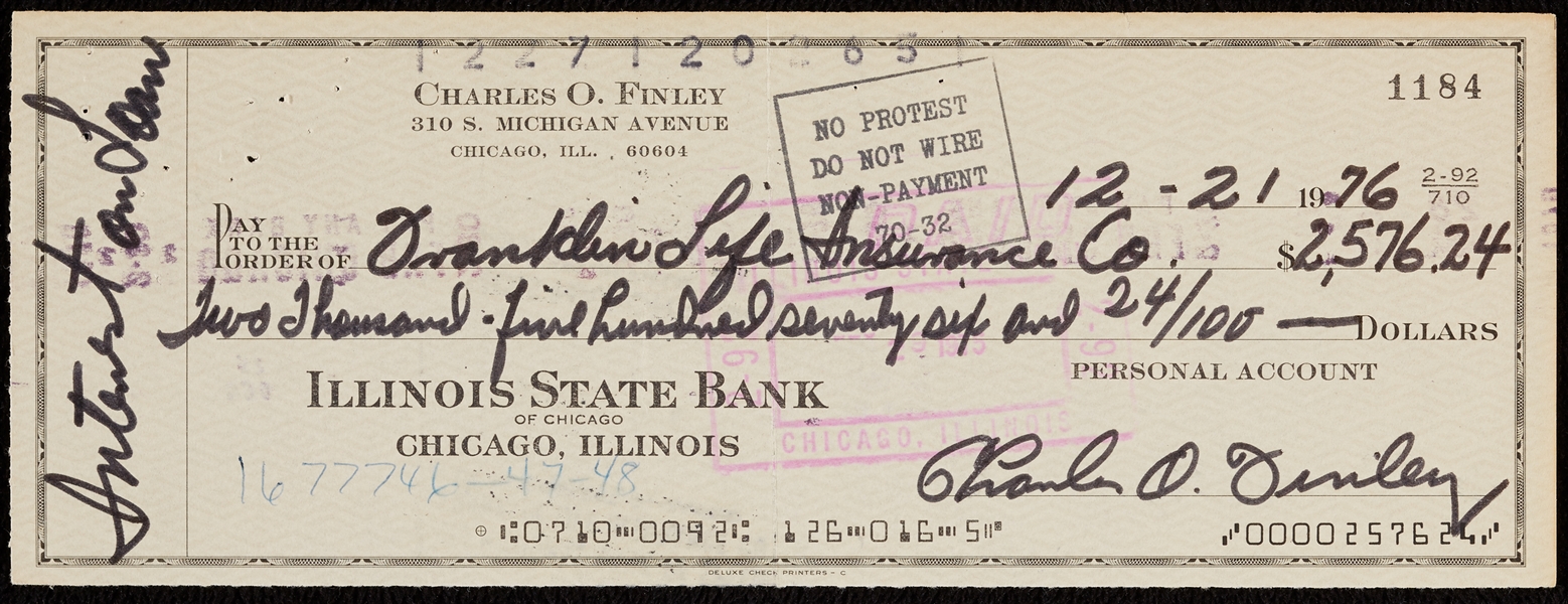 Charles O. Finley Signed Bank Check (1976)