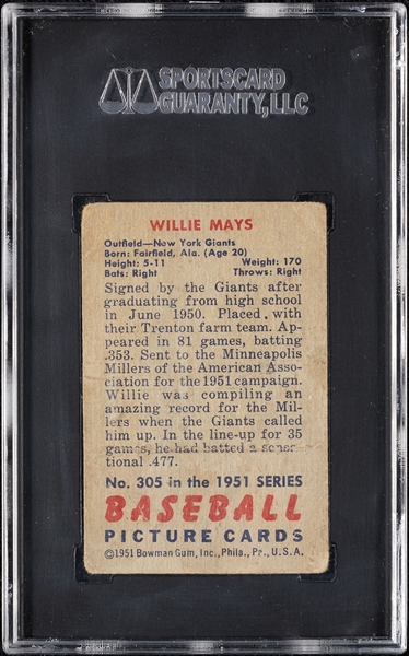 1951 Bowman Willie Mays RC No. 305 SGC 1