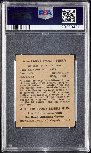 1948 Bowman Yogi Berra RC No. 6 PSA 2.5