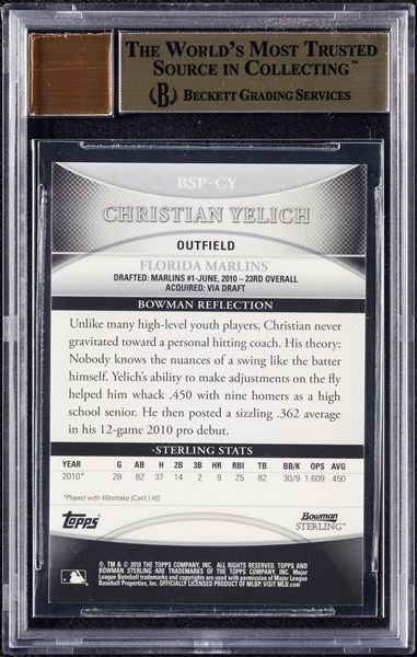 2010 Bowman Sterling Christian Yelich RC Prospect Autograph BGS 9.5 (AUTO 10)