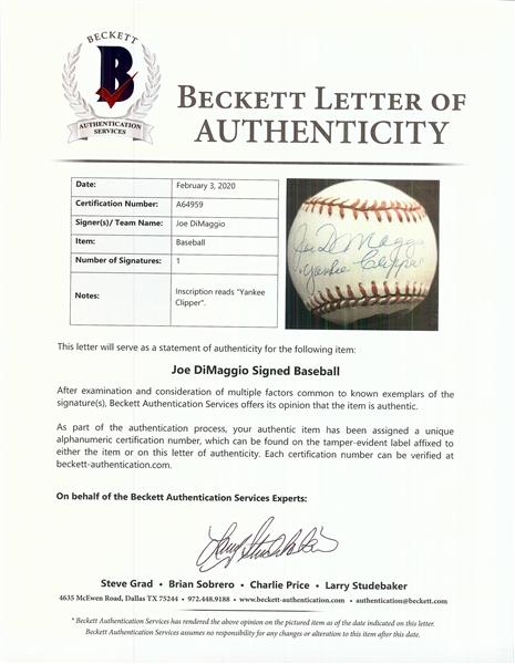 Joe DiMaggio Single-Signed Baseball Inscribed Yankee Clipper (BAS)