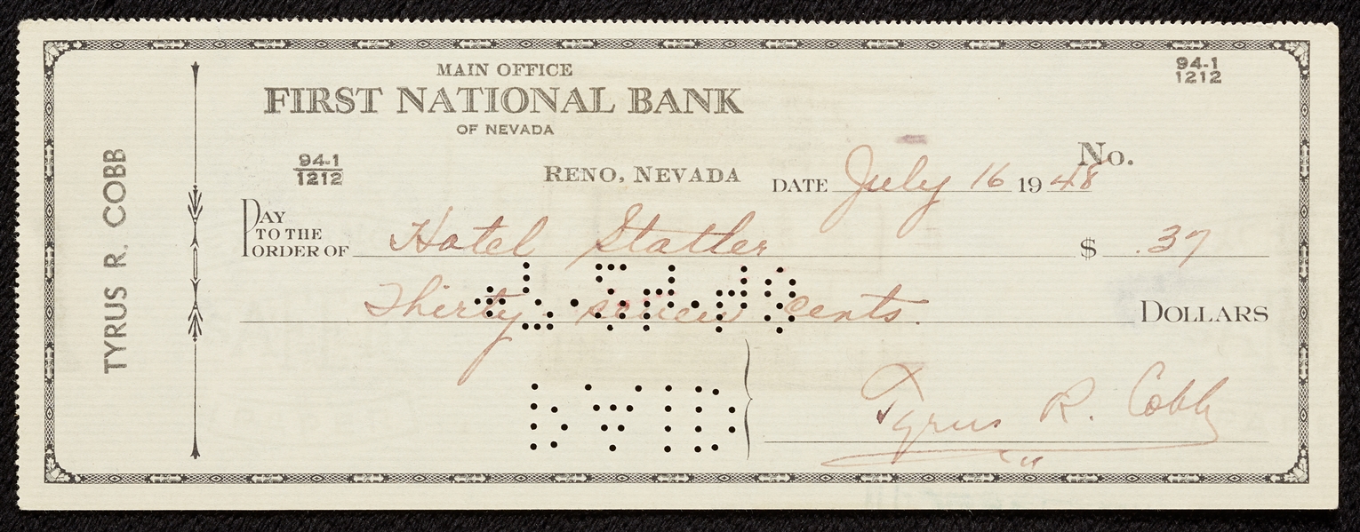 Ty Cobb Signed Personal Check (1948)
