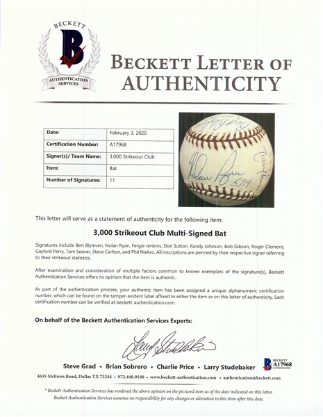 3000 Strikeouts Club Multi-Signed OML Baseball with Inscriptions (11) (BAS)