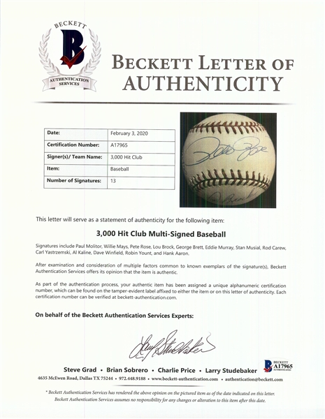 3000 Hit Club Multi-Signed ONL Baseball (13) (BAS)