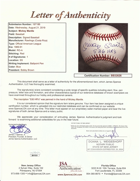 Mickey Mantle Single-Signed OAL Baseball Inscribed 536 HR's (JSA)
