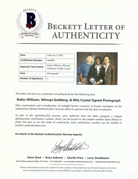 Robin Williams, Billy Crystal & Whoopi Goldberg Signed 8x10 Photo (3) (BAS