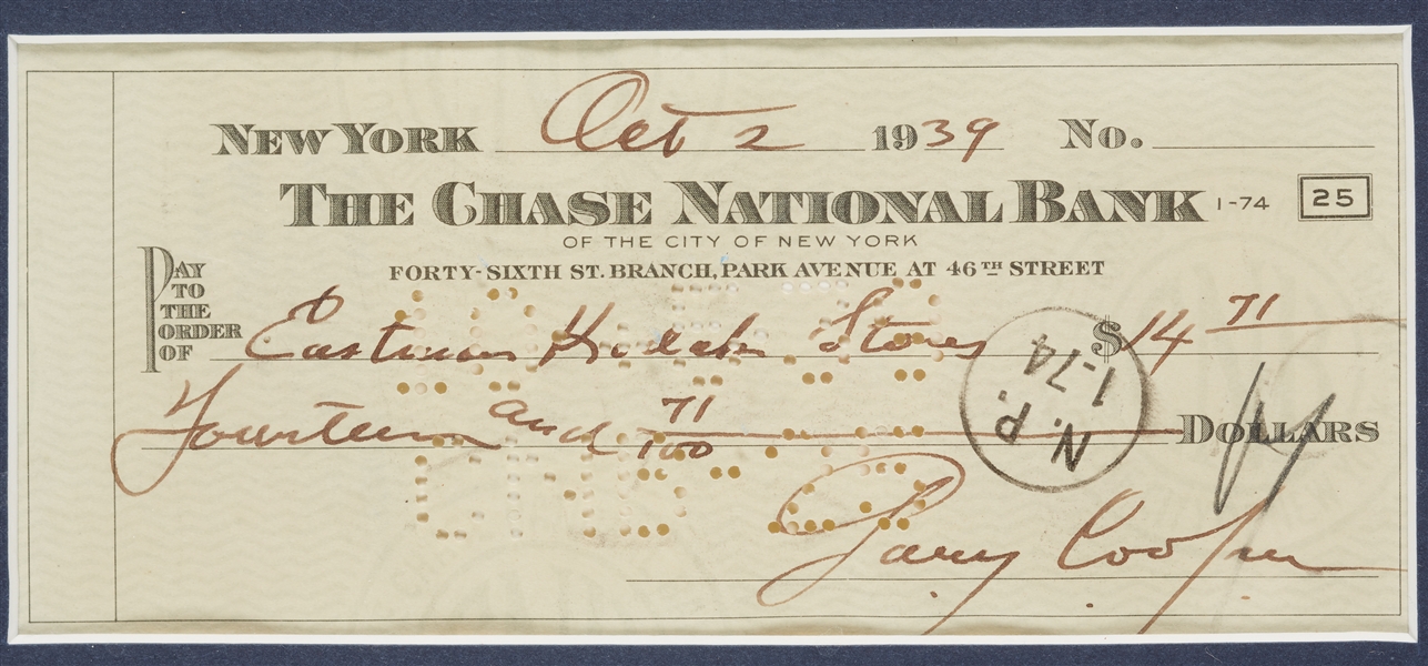 Gary Cooper Signed Check Pride of the Yankees Display