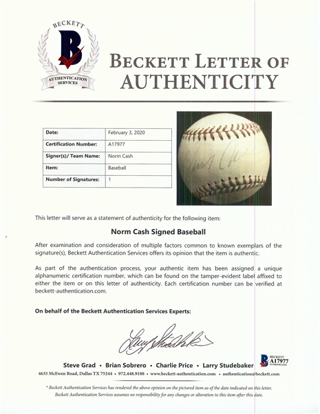 Norm Cash Single-Signed Little League Baseball (BAS)