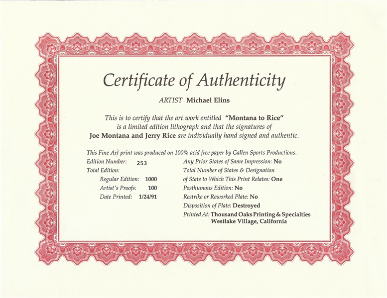Joe Montana & Jerry Rice Signed Framed Lithography (253/1000) (BAS)