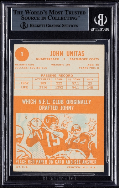 Johnny Unitas Signed 1963 Topps No. 1 (BAS)