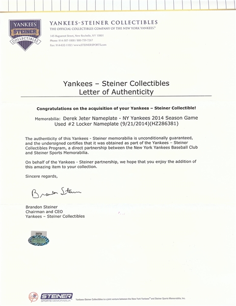 Derek Jeter 2014 Game-Used & Signed Locker Nameplate (9/21/2014) (Steiner)